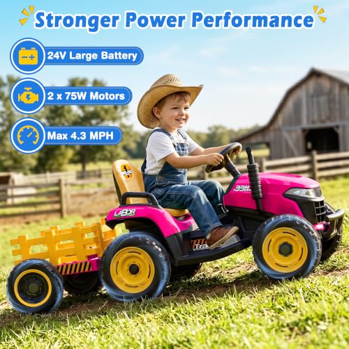 Image of ARBELI 24V Ride On Tractor w /2.4G Remote Control, Tiltable Trailer, Pink