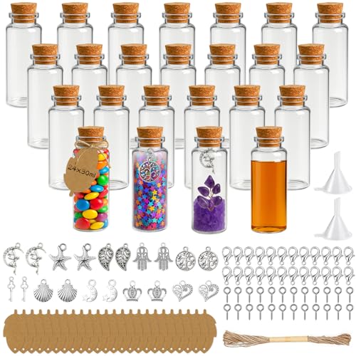 Ferenando 24 Pcs Petite Fiole en Verre avec Bouchon Liege, 30ml Petite Bouteilles en Verre avec Étiquette & Pendentif, Mini Bouteille pour Contenant Dragées Baptême,...