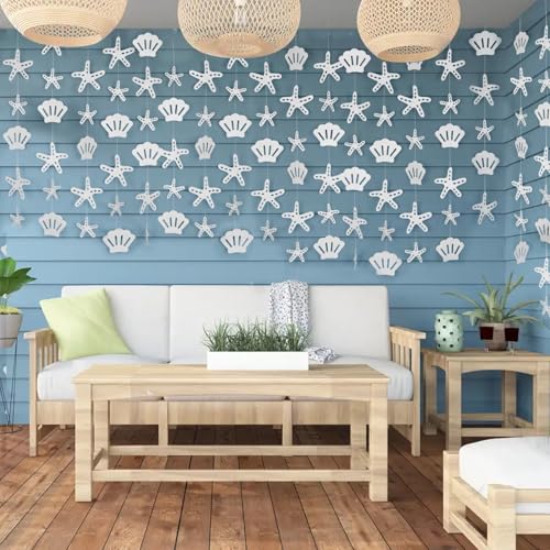Image of 8 Pack Pearlescent Starfish & Shell Paper Hanging Decorations - Coastal Nautical Garland for Under the Sea, Beach Wedding, Mermaid Party, Birthday, Baby Shower, and Ocean-Themed Party Decor