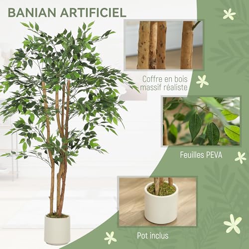 HOMCOM Plante Artificielle intérieure 150 cm Banian Arbre Artificiel, Pot en Plastique et Tronc en Bois Massif, Fausse Plante Vert décoration pour Maison, Bureau, Salon, Chambre – Image 4