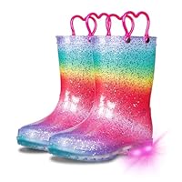 GAWBAW Toddler Rain Boots Kids With Glitter Light up Rain Boots With Easy-on Handles Waterproof For Boys and Girls