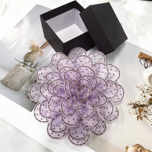 Image of Rhinestone Camellia Flower Big Brooch Lapel Pins for Women Fashion Crystal Fabric Floral Brooches Pin for Dresses Suit Accessories Jewelry Boutonniere Corsage Wedding Party 140mm