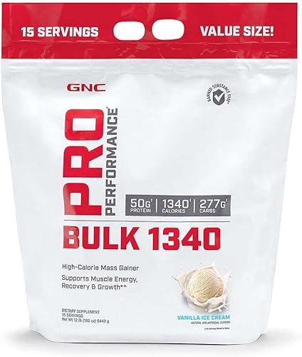 GNC Pro Performance Bulk 1340 Mass Gainer - Proteína en polvo, 1.76 oz, sin gluten, suero de leche, creatina, BCAA, probada por terceros,