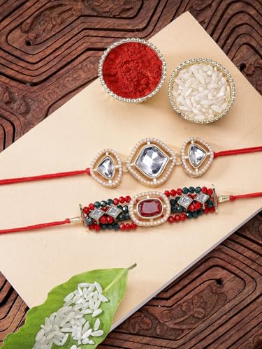 Image of Sukkhi Rakhi Excellent Kundan & Pearls Designer Gold Plated Premium Rakhi for Brother With Roli Chawal & Greeting Card | Kundan Rakhi Combo-Set of 2
