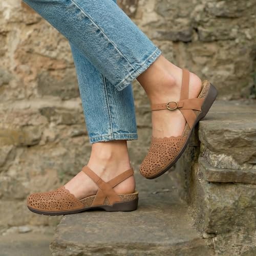 Image of PARTY Closed Toe Sandals Women, Barefoot Arch Support Flat Sandals for Office Work and Travel with Comfortable Cork Footbed