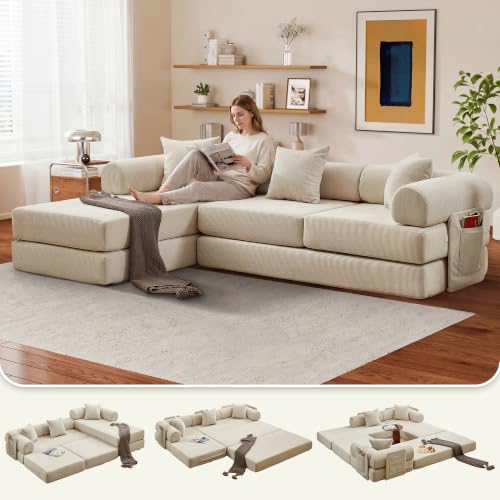 Image of 107 inch Modular Sectional Sofa Bed, L-Shape Corduroy Boneless Couch, Beige