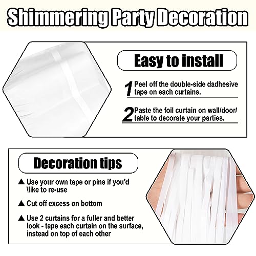 Image of 6 Pack Macaron White Foil Fringe Curtain Backdrop, 3.28Ft x 8.2Ft Metallic Tinsel Foil Fringe Streamer Curtains for Photo Booth, Christmas Day, Thanksgiving, Wedding, New Year Party Decorations