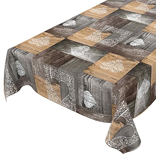 ANRO Nappe en toile cirée lavable pour grandes tables avec motif cœur en bois, 100 x 160 cm, marron