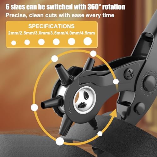 Image of Leather Hole Puncher, Diyife Full Set Punch Tool Kits for Belt, Watch Band, Shoe, Crafting, Handbag Straps, Fabric, with Extra Punch Plates and Ruler, Multi Hole Sizes Make - Yellow | Watch Band, Shoe,Handbag Straps, Fabric, with Extra Punch Plates and Ruler, Multi Hole Sizes Make - Yellow