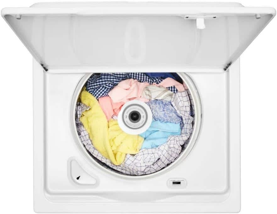 Top-down view of the Whirlpool WTW4855HW washer tub filled with various clothes.