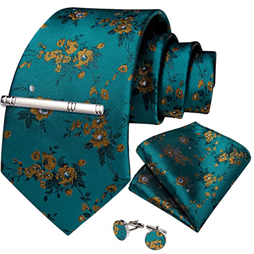 Image of DiBanGu Silk Floral Ties for Men Woven Paisley Necktie and Tie Clip Handkerchief Cufflinks Set for Party Wedding