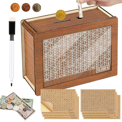 Tirelire en Bois avec Marqueur avec Feuille Acrylique et 8 Autocollants Tirelire avec Compteur Objectif D'épargne et Chiffres àCocher pour Aider Les Enfants à...