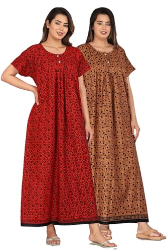 Image of Kuruti B Sheets Cotton Nighty for Women Jaipuri Print 2 Button Round Neck Short Sleeve Night Gown | Maxi Dress