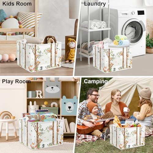Image of Clastyle Woodland Nursery Animal Tree Baby Gift Storage Basket for Kid Room | Waterproof Large Dirty Clothes Book Gift Toy Organizer Bin, Nursery Playroom Bedroom Bathroom Shelf, Birch Tree Fox Bear