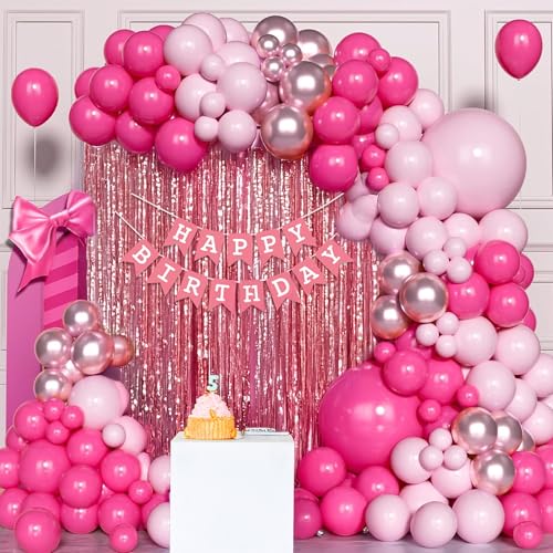 Image of SpecialYou.in Pink Balloons for Birthday Decoration Kit for Baby Girl with Dark & Pastel Pink, Rosegold Chrome Balloons for Decoration, Rosegold Fringe Backdrop Curtains- 55 Pcs