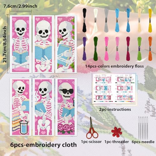 Image of ACRNIGHEET 6PCS Cross Stitch Kits Stamped Cross Stitch Bookmark Kit for Beginner Adults Skull Reading Embroidery Bookmark Kit Needlepoint Kits with Instructions Book Lovers Craft Gift 8.5''x3'' 11CT