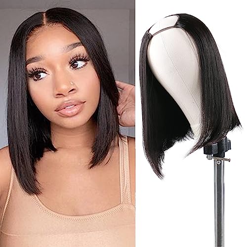 Huairisi U part Bob Wig Human Hair for Black Women 12 inch Straight Hair Bob Wigs No Lace No Bangs