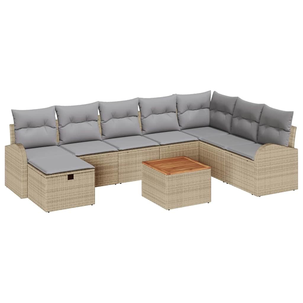 Juego de 9 sofás de jardín de polirratán beige con mesa de madera de acacia, conjunto modular moderno para balcón, terraza y jardín, resistente a la intemperie, con espacio para momentos