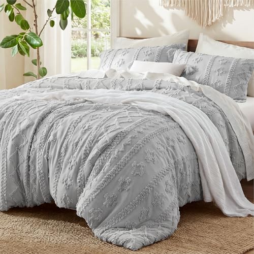 Image of Bedsure Tufted Boho Comforter Set Oversized Queen - Light Gray Boho Bed Set, GentleSoft 3 Pieces Farmhouse-Style Embroidery Bedding, Gifts for Woman, Soft Jacquard Kids' Comforter for All Seasons
