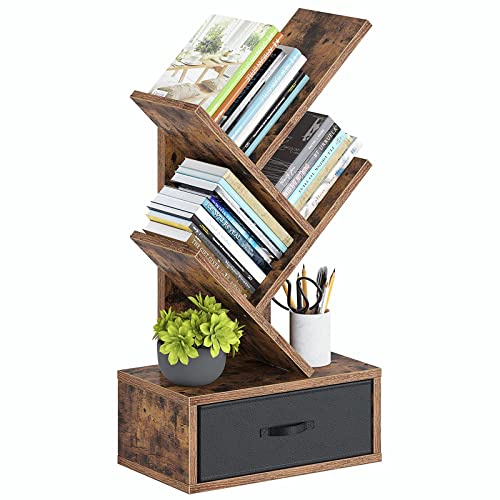 Rolanstar Bookshelf With Drawer, 3 Shelf Tree Bookshelf, Desk Bookshelf For Cds/Movies/Books, Utility Organizer Shelves For Living Room, Bedroom, Home Office #TOP6