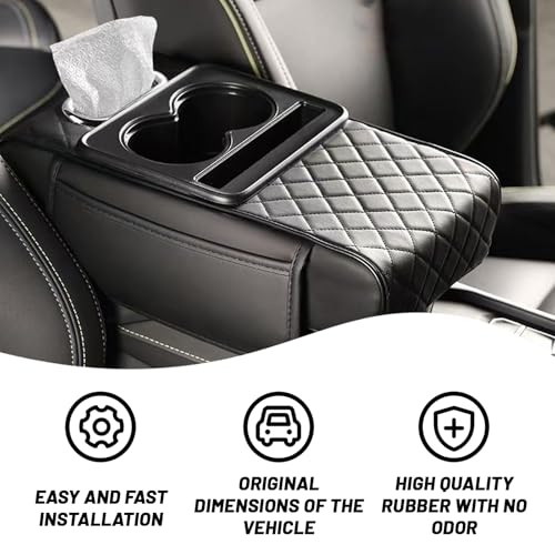 Image of Khushi Liquid Car Armrest Cushion, 5 in 1 Center Console Cover with 2 Cup Holders, Phone Holder, Tissue Holder, Storage Bag, Multifunctional Leather Heightened Car Armrest Cushion for Most Cars(Black