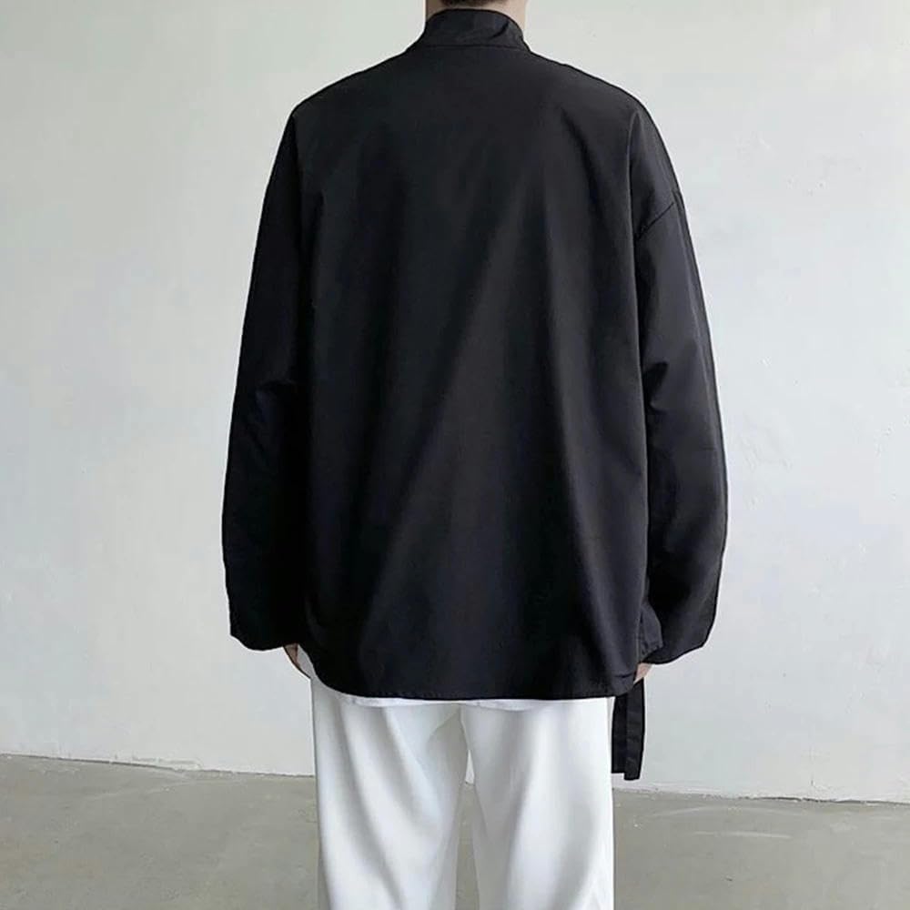 Men Chinese Long-Sleeved Shirt Simple Loose Solid Color Placket top