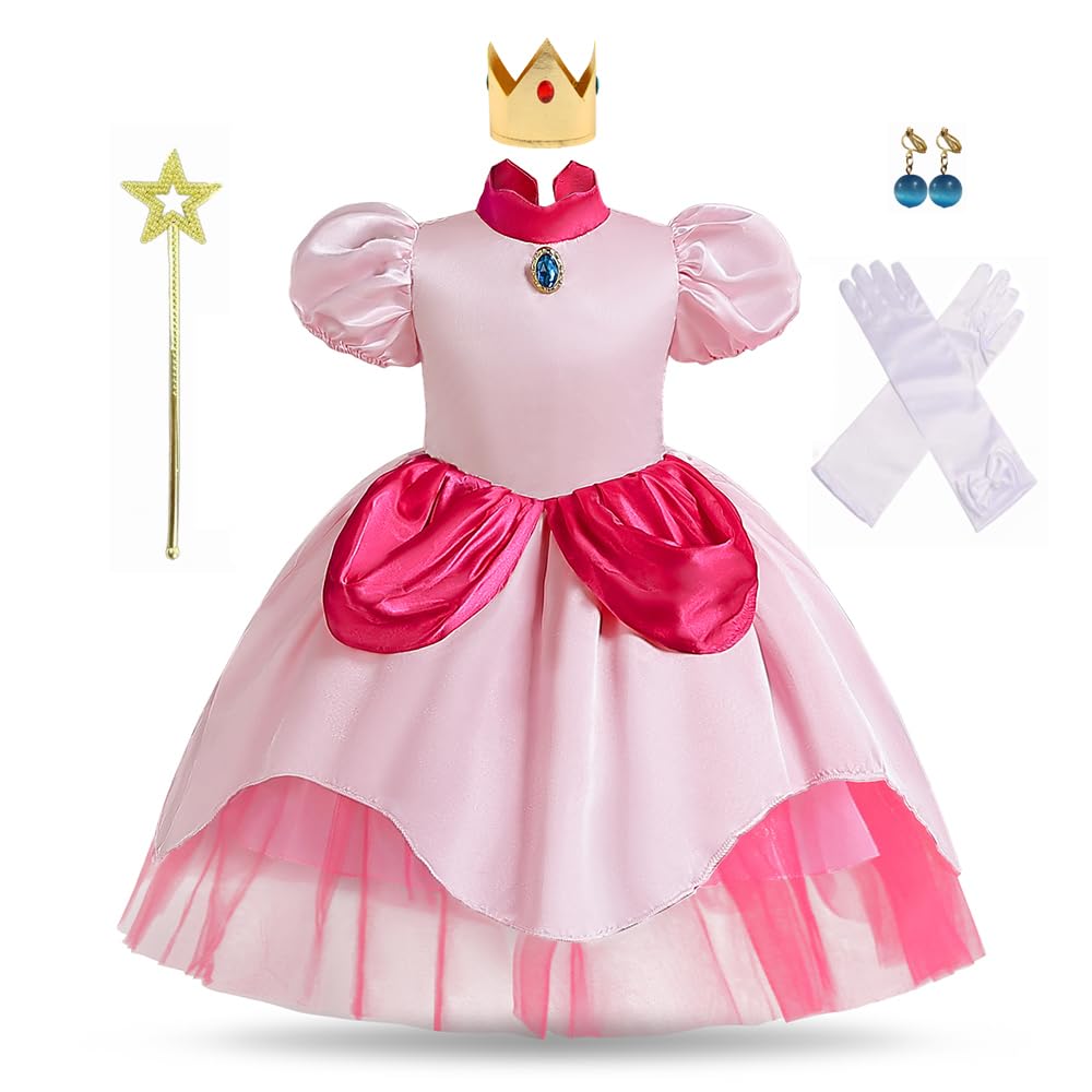 Yalla babYGirls Rosy Pink Dress Costume for Kids Girls Princess Dress Up with Free Accessories - 90-140 cm 3-12 Years Birthday Party Gaming Cosplay Outfits