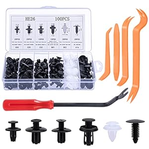 Kit de grapas y remaches para coche. Incluye 6 tipos de grapas para puertas y clips de plástico universales para parachoques. Herramienta de fijación de remaches incluida.