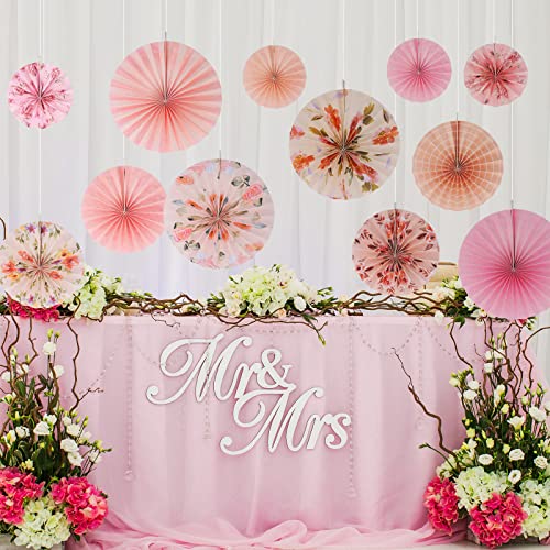 Image of Thenshop 12 Pcs Pink Hanging Paper Fans Decoration Wedding Boho Floral Round Paper Fans Vintage Style Ceiling Hanging Flower Decor for Tea Party Wedding Garden Bridal Birthday Events