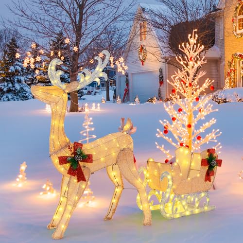 GYMAX LED Rentier mit Schlitten, beleuchtete Weihnachtsrentier mit 100...