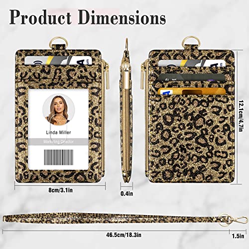 Id Badge Holder With Lanyard, Vertical Bling Shiny Id Badge Card Holder With 1 Clear Id Window, 4 Credit Card Slots, 1 Cash Coin Slot And A Detachable Neck Lanyard (Bling Leopard) #TOP1