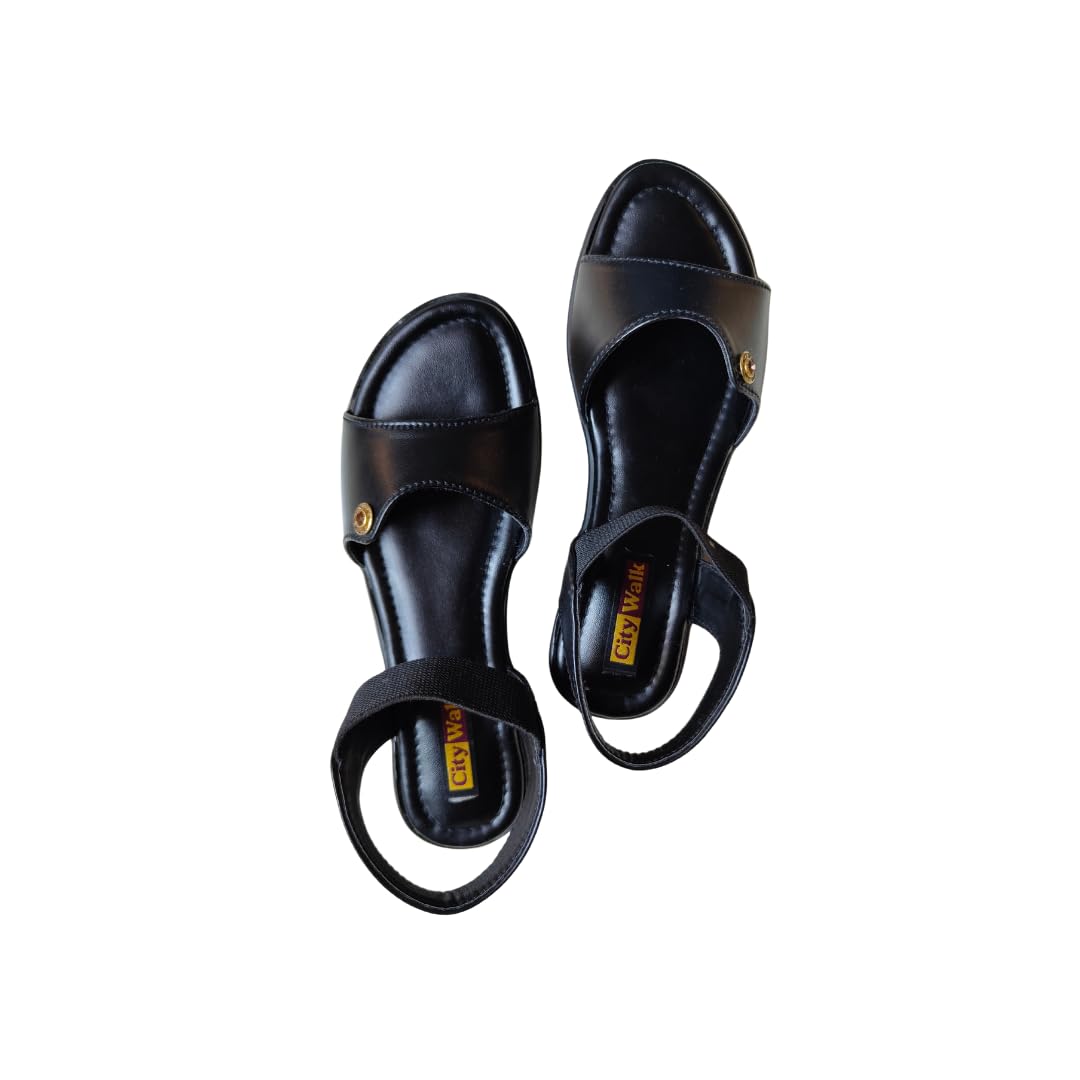 Bright ecWomen's Black Ankle-Strap Sandals - Comfortable & Stylish Flat Heel Sandals for Casual | Open Toe Design with Adjustable Rubber Strap | Trendy Footwear for Women & Girls