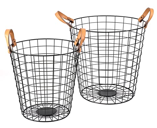 Metall Gitterkorb 2er Set schwarz mit Leder Griffen - 38/32 cm -...