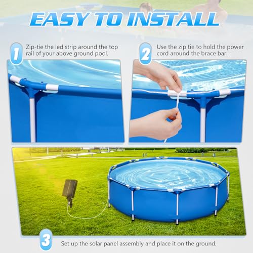 65ft Solar Pool Lights for Above Ground Pools, 180 LEDs Remote IP65 Waterproof Rope String Lights, 8 Color Modes, Swimming Frame Pool Decor Accessories for Outdoor Outside Trampoline Camping - Image 6