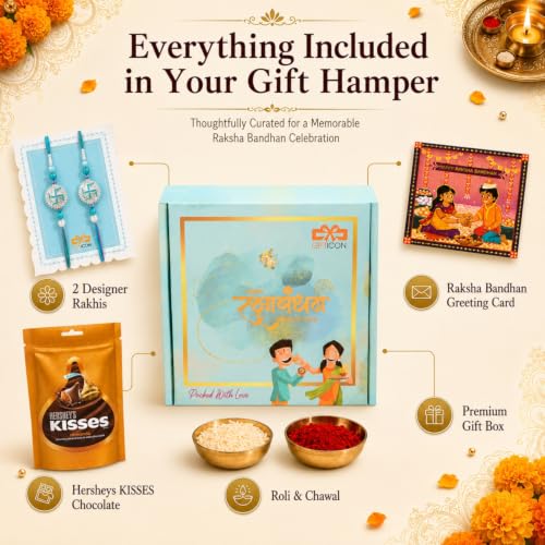Image of Gifticon Rakhi Set for Brother with Chocolate | Premium Designer Rakhi, Chocolate, Roli Chawal, Greeting Card & Premium Gift Box | Rakhi Hamper for Raksha Bandhan | Swastik Rakhi Set