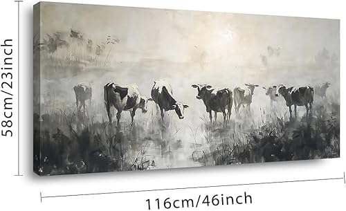 Miniatura 2 de LASMOND Arte de pared de vaca en blanco y negro para sala de estar, lienzo lavado de tinta, impresiones de ganado matutino, obra de arte vintage de