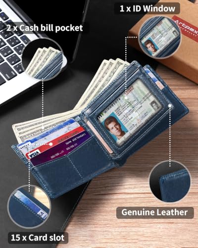 Image of Artpaxy Mens Wallet Bifold Genuine Leather RFID Blocking Wallet for Men with 1 ID Window 15 Card Holders 2 cash pockets 1 Gift Box
