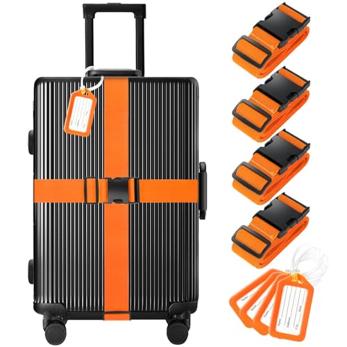 Image of Gostwo 8 Pack Luggage Straps and Tags Set - 4 Straps, 4 Tags, Suitcase Belt | Luggage Straps for Suitcases TSA Approved, Heavy Duty Easy to Identify Travel Tags, Orange