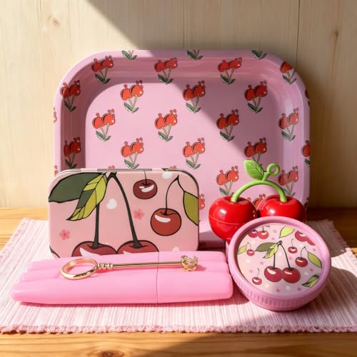 6pcs Cherry Rolling Tray Set Complete Cute Rolling Tray & Grinder Kit with Multiple Accessories | Pink Aesthetic Accessories for Women Girls Gifts