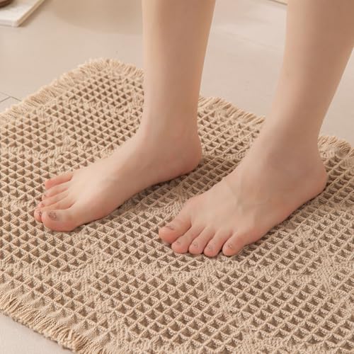 Image of HomeCloud Waffle Bath Mat, Super Absorbent Non Slip Mats for Bathroom Floor, Machine Washable Bathroom Rugs with Tassels,Ultra Soft (T.Beige)