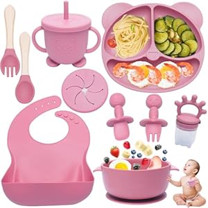 Dazhtu Silikon Baby Geschirrset, 10 Stück, Rosa