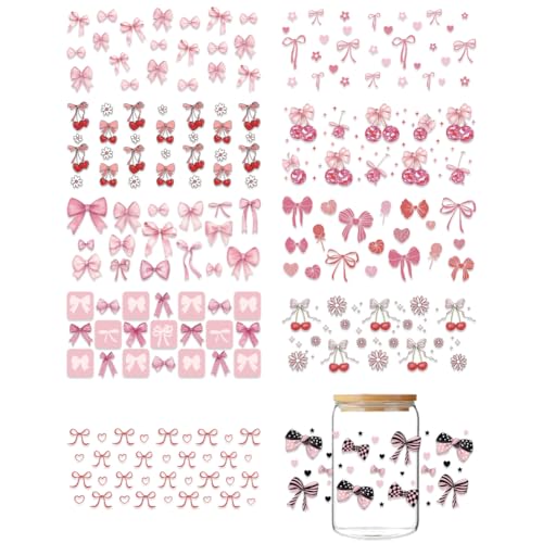 GOMAKERER Lot de 10 feuilles de stickers transfert UV pour tasse, décoration en forme de nœud papillon, décalcomanies à frotter roses, décoration mignonne en cerise imperméable pour transfert sur