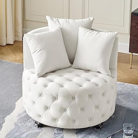 GNIXUU Swivel Barrel Accent Chair, 30” Modern Velvet Round Sofa Chair with 3 Pillows and Wheels, Comfy Tufted Club Lounge Chair for Living Room, Bedroom(Beige). Cover