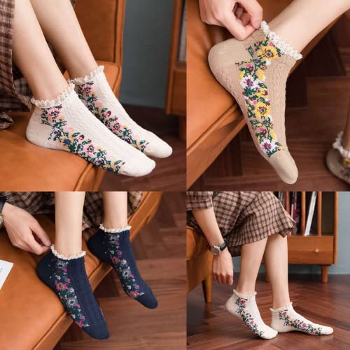 Womens Floral Socks Vintage Low Cut Ankle Socks For Women Cotton Casual Crew Socks Gifts For Women(Floral Socks-5 Pairs Black Combo) #TOP2