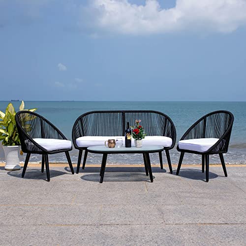 Image of DEVOKO Outdoor 4 Seater Patio Rope Garden Sectional Conversation Set with Cushioned Chair and Glass Top Table for Backyard, Pool, Terrace, Deck (Black & White)