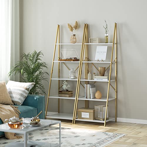 Finetones 5-Tier Ladder Shelf, Free Standing A-Shape Display Bookcase, Storage Organizer Unit With Metal Frame, Flower Stand Plant Rack For Living Room, Kitchen, Bathroom, Home Office, White/Gold #TOP1