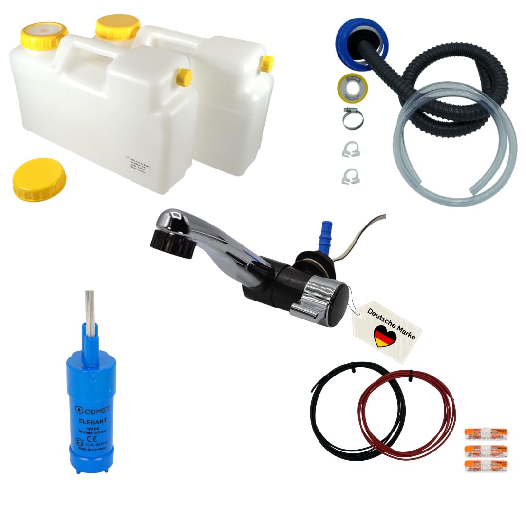 Camping 2 x 12 L Wasserkanister mit Armatur, Wasserpumpe, Kabelsatz, Abwasserschlauch mit 25 mm Anschluss, für Campingküche, Vanküche/Food-Truck-Ausbau