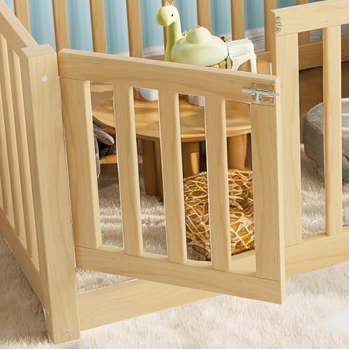 Image of Bellemave Twin Size Kids Montessori Floor Bed with Door,Solid Wood Floor Bed Frame with High Fence for Girls,Boys,Natural