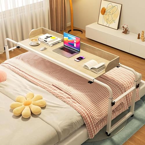 Mesa de cama ajustable en altura con ruedas de 115 a 210 cm, escritorio rodante para laptop para oficina en casa, comedor y dormitorio, carrito de noche portátil de 65 a 95 cm, acabado de madera N