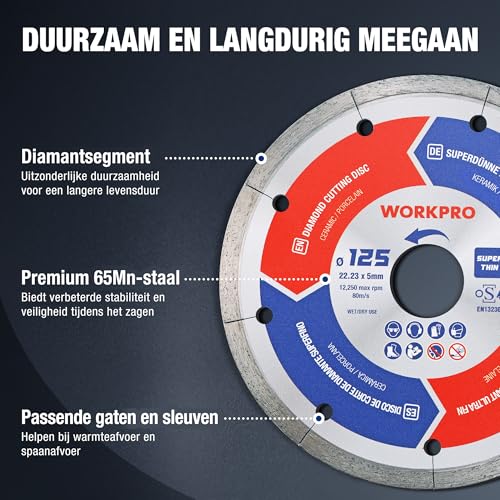 WORKPRO 2 x 125mm Profi Diamantdoorslijpschijven, 1,2mm Superdunne Diamantschijf voor Droog, Nat Snijden van Keramiek en Tegels, Compatibel met Winkelslijper - Afbeelding 3